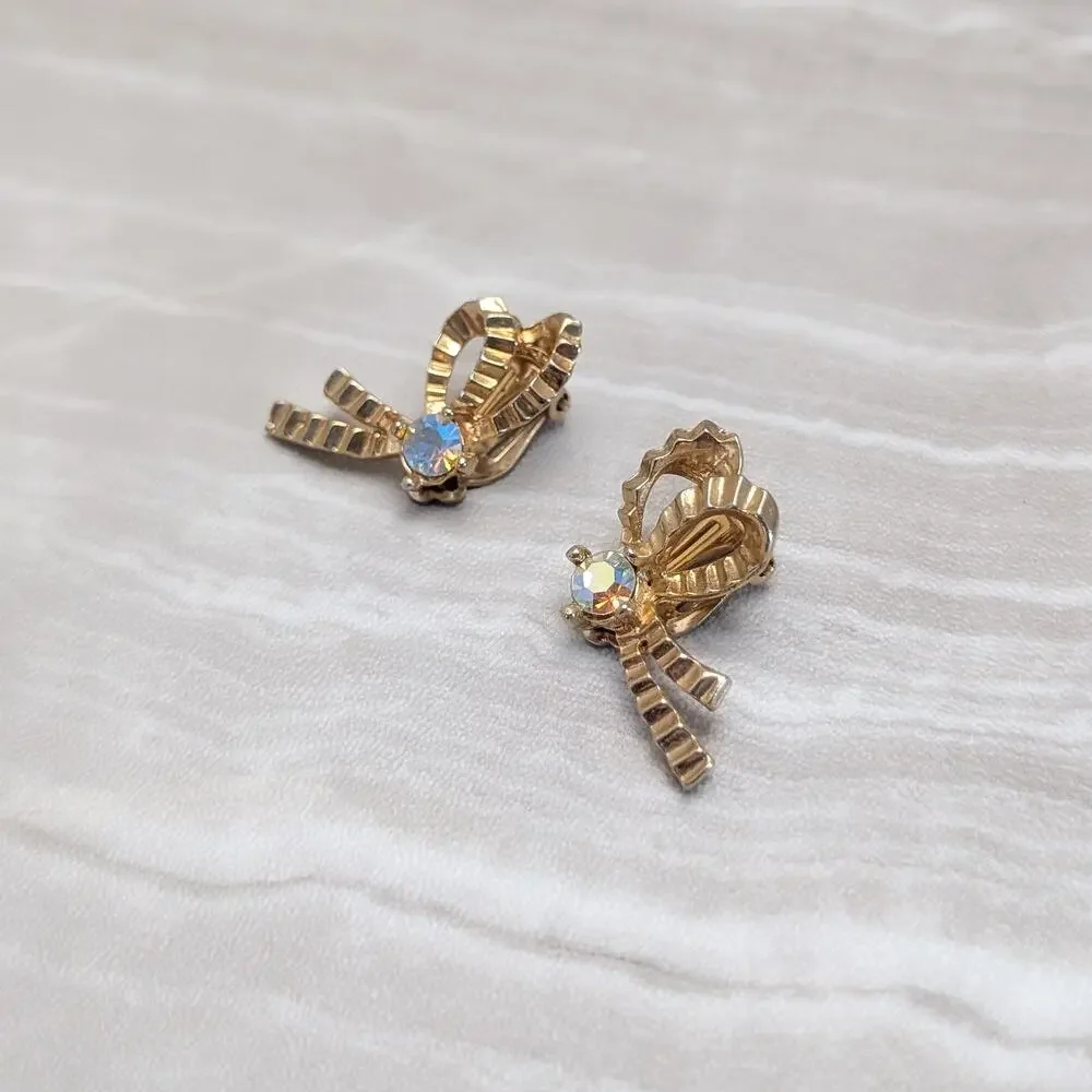 Vintage Clip On Earrings Gold Tone Bow with Aurora Borealis Gem